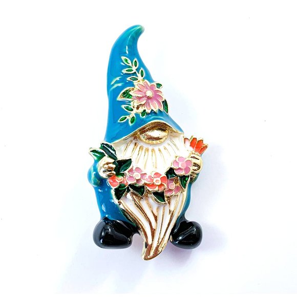 Flower-Loving Garden Gnome Pin/ Brooch - NEW - Picture 3 of 5